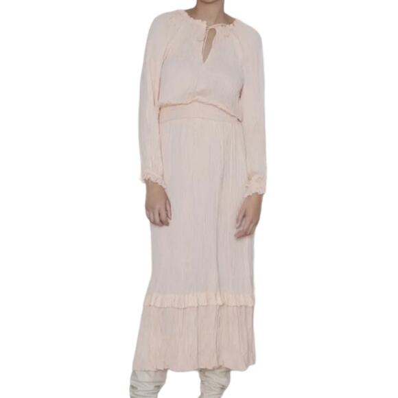 Zara Pleated Voluminous Dress Soft Peach Peasant Style Top Flowy Bottom Boho - Picture 1 of 10